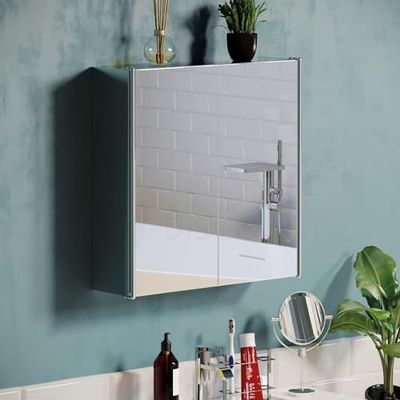 Bath Vida Tiano - Armário de casa de banho de porta dupla com espelho montado na parede de aço inoxidável moderno, prateado, 2 portas