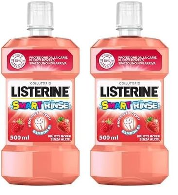 Listerine Collutorio, Bambini, Smart Rinse Kids, Senza Alcol E Senza Zucchero, Frutti Rossi, 500 Millilitro (Confezione da 2)