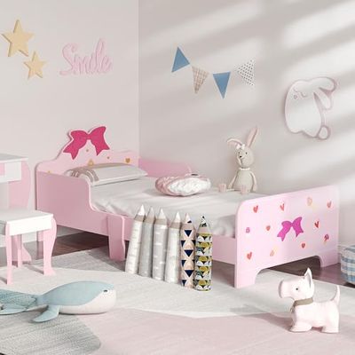 ZONEKIZ Kids Toddler Bed, Safety Rails, Kids Bedroom Furniture for Boys, Girls, Ages 3-6 Years, 143 x 74 x 59cm - Pink