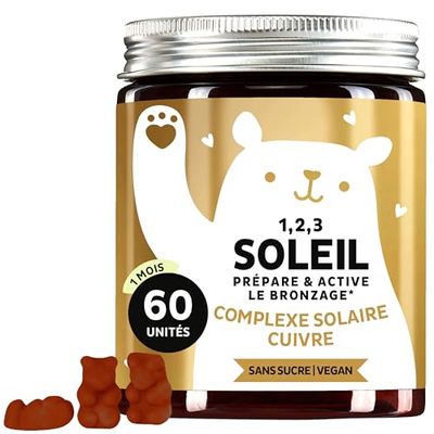 Gummies Bronzage - Végan & Sans Sucre - 60 Gummies - Vitamines C, E, Bêta-Carotène, Calcium et Cuivre - Pour un Bronzage et un Éclat Naturel - 1 Mois - Bears with Benefits
