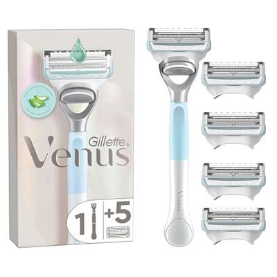 Gillette Venus, Rasoio per Peli e Pelle Della Zona Intima + 5 Confezione di Lamette di Ricambio, Rasoio Parti Intime Donna, Lamette Donna Gillette Venus Ricariche