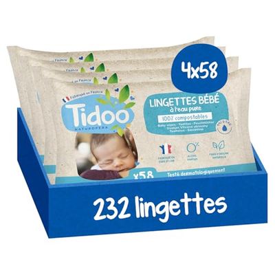 TIDOO - Lingettes à l’Eau pure - Lingette Bébé Douce et Ultra Résistante - Lingettes Nettoyantes Compostable Sans Allergènes - Soin Bébé Peaux Normales & Fragiles - 4x58 Lingettes Nettoyantes