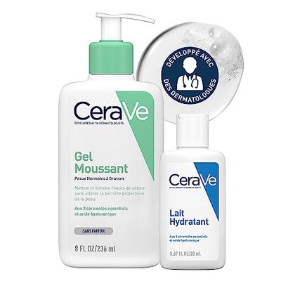 CeraVe Gel Moussant - 236ml + Lait Hydratant 20ml Offert - Gel Nettoyant Purifiant Visage à l'Acide Hyaluronique et au Niacinamide pour Peaux Normales, Grasses et Acnéiques