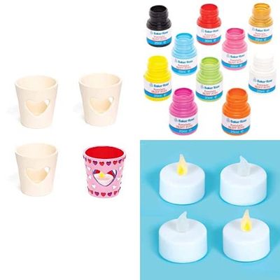 Baker Ross Heart Ceramic Tealight Holders (EF371) and Porcelain Paint Pots Bumper Pack (FE593) and LED Tealights (EF328)