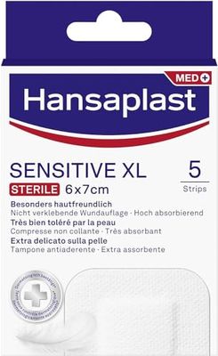 Hansaplast Cerotti SENSITIVE XL, Cerotti medicazione per la protezione di ferite medio-grandi, Cerotti ipoallergenici e sterili senza lattice, 1 Confezione da 5 Pezzi 6 x 7 cm