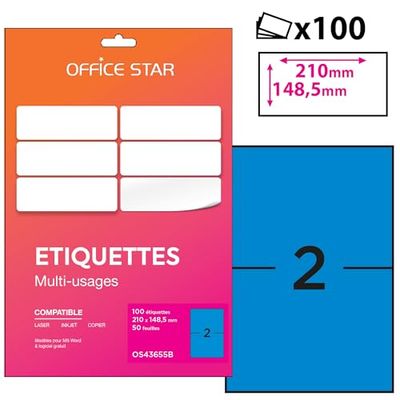 OFFICE STAR - 100 Etiquettes Multi-Usages Bleues Personnalisables - Format 210 x 148mm - Impression Laser et Jet d'encre