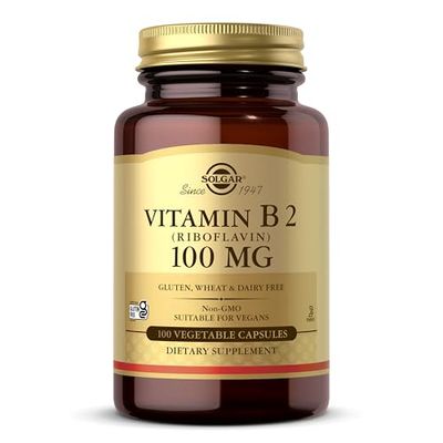 Solgar Vitamin B2 (Riboflavin) 100 mg Vegetable Capsules - Pack of 100 - Supports Energy Production - Can Help Reduce Tiredness and Fatigue - Vegan and Gluten-Free