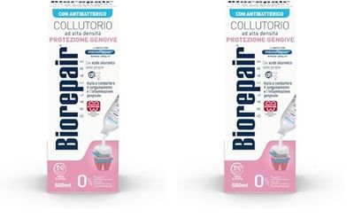 Biorepair, Enjuague bucal de alta densidad, protección contra sangrado de encías, con ácido hialurónico y zinc, antibacteriano, sin flúor, alcohol y clorhexidina, 500 ml (Paquete de 2)