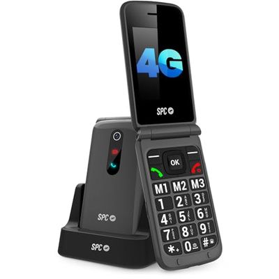 SPC Stella 3 - Telefono Cellulare Flip per anziani 4G | Menu e tasti grandi | Pulsante SOS, configurazione remota, compatibilità HAC e volume 103 dB | Base di ricarica e 3 memorie dirette - Nero