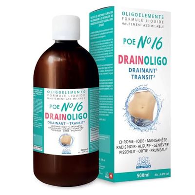POE N°16 - Drainoligo - préparation en oligoéléments - drainage - chrome, iode, manganèse, algues, genièvre, Pissenlit, ôrtie, pruneau, radis noir - 500 ml - Bioligo