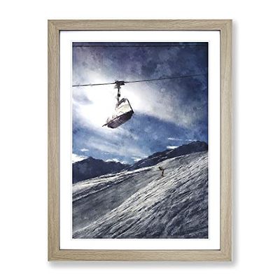 Ski Lift In The Alps Painting Modern Framed Wall Art Print, Ready to Hang Picture for Living Room Bedroom Home Office Décor, Oak A4 (34 x 25 cm)