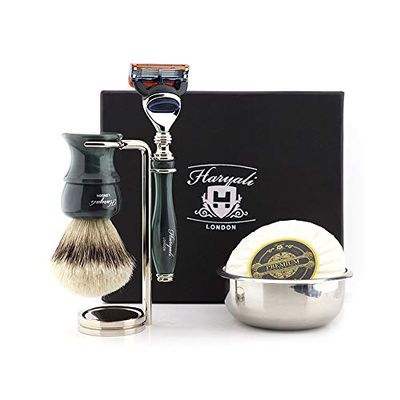 Haryali London 5Pc Mens Shaving Kit with 5 Edge Cartridge Razor, Silver Tip Badger Hair Shaving Brush, Stand, Bowl and Soap Perfect New Year Gift Set for Men