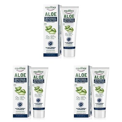 Equilibra Igiene Dentale, Aloe Dentifricio Multiattivo, Dentifricio Aloe Vera in Gel Delicato dal Gusto Fresco, Aiuta a Proteggere da Carie, Tartaro e Disturbi Gengivali, 75 ml (Confezione da 3)