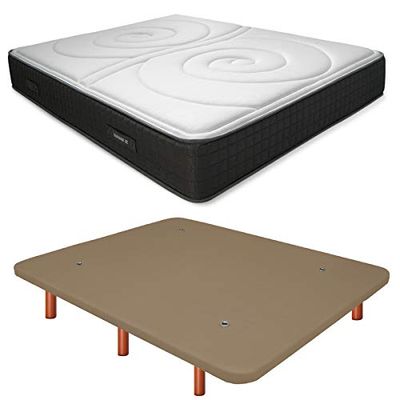 Duérmete Online Base imbottita 3D rinforzata anti rumore + materasso viscoelastico Duo reversibile | gambe in legno color ciliegio, beige, 90 x 200 cm