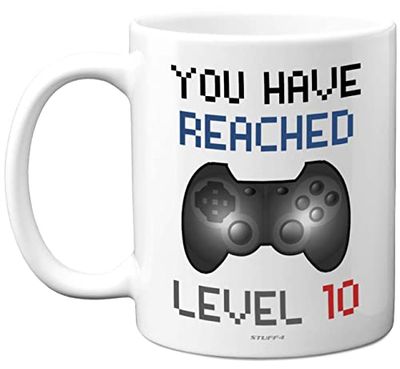 10th Birthday Gamer Gift - Level 10 Gamer Mug, 10th Birthday Gifts, Dishwasher Safe Coffee Mugs Cup, for Boys or Girls, Retro Video Game, Novelty Gaming for Him or Her