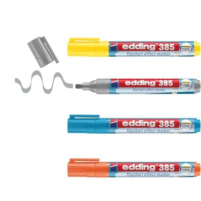 edding 385 Marqueur chevalet pour effets - set de 4 - multicolore - pointe pinceau flexible 1-5 mm - marqueur pour souligner, ombrer et marquer sur le flipchart - ne déteint pas - ne sèche pas
