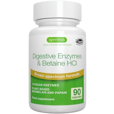 Igennus Fast Action Digestive Enzymes & Betaine HCl, 10 Vegan Enzymes with Lactase & Lipase, Clean Ingredients, Plant-Based Bromelain & Papain, for Women and Men's Gut Health, 90 Capsules