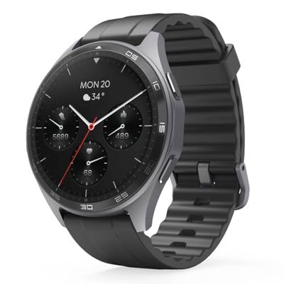 Hama Smartwatch 7010 (1,43 tum AMOLED-skärm, GPS: GLONASS/GALILEO/BEIDOU, IP68/3 ATM vattentät, hjärtfrekvens, SpO2, sömnfas, 110 sportlägen, meddelanden, Apple Health/Google Fit) svart