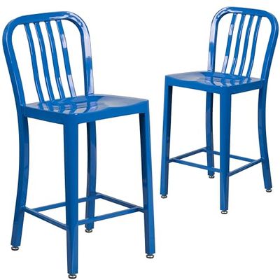 Flash Furniture Conjunto de 2 bancos de metal azul de 24 polegadas de altura para interiores e exteriores, com suporte de fitas verticais