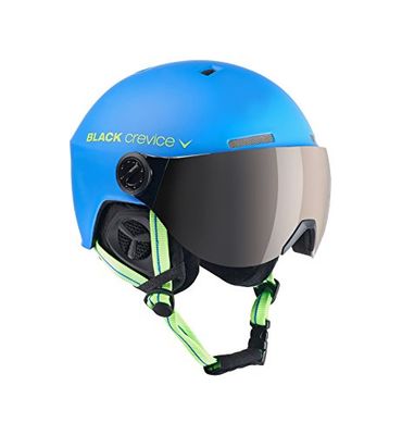 BLACK CREVICE Gstaad I Casque de Ski avec visière I pour Homme et Femme I Casque de Ski en Polycarbonate I Casque Respirant Taille réglable (Bleu/Vert Citron/visière argentée, S/M (54-57 cm)