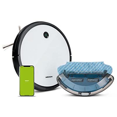 MEDION Aspirateur Robot avec Fonction serpillière MD 19601, Contrôle Via l'application et Alexa, Aspiration et Nettoyage simultanés, Navigation Intelligente