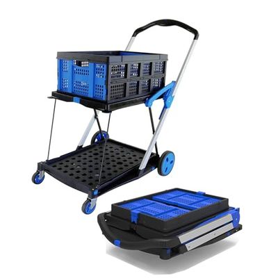 Utility Cart, Folding Shopping Cart with Basket, Double Layer Platform with Stiffener Bar Hand Truck Handle 200 lbs, Collapsible Outdoor Wagon, Hand Truck for Warehouse/Office (Folding Cart + Crate)