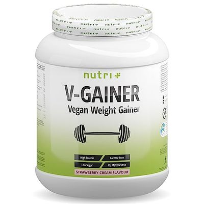 nutri+ WEIGHT & MASS GAINER Fresa y Nata 2 kg Vegano Bebida rica en calorías para ganar peso y masa muscular ganador de masa sin maltodextrina Proteína e Hidratos de Carbono 2000 g