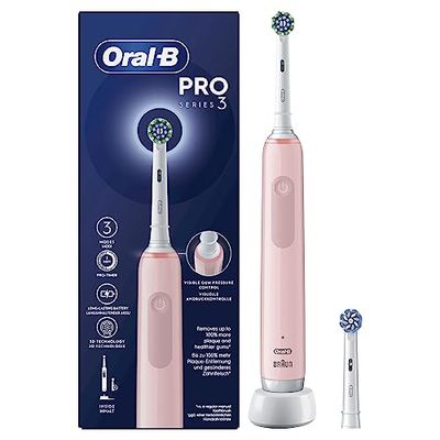 Oral-B Spazzolino Elettrico Ricaricabile Pro Series 3, Sensore di Pressione Luminoso, Batteria a Lunga Durata, 2 Testine, 1 Spazzolino Elettrico, 1 Custodia Viaggio, Rosa, Idea Regalo