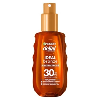 Garnier Delial Ideal Bronze Aceite Protector Bronceador en Spray. Alta Protección FPS 30. Bronceado uniforme y luminoso. Realza el bronceado natural. Resistente al agua, arena y sudor. 150 ml