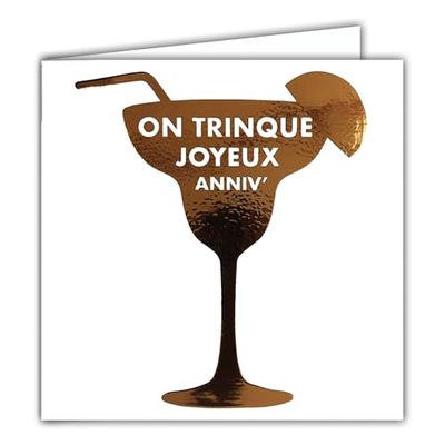 22236 Vierkante kaart, Happy Birthday, cocktailglas, oranje, koper, glanzend, met witte envelop 15 x 15 cm, creatie, printen, Franse productie, collectie droom van woorden
