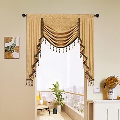 ELKCA Cantonnière en Jacquard Cascade avec Perles de Luxe Jaunes pour Salon, 1 Panneau (Jaune, 99 cm)