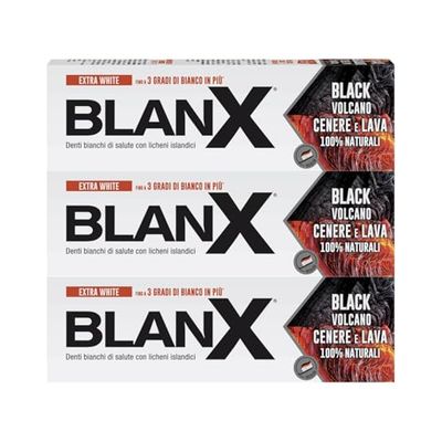 BlanX Dentifricio Black Volcano 75ml x 3, Dentifricio Sbiancante con Licheni Islandici e Cenere Vulcanica, Vegan Friendly e Antibatterico