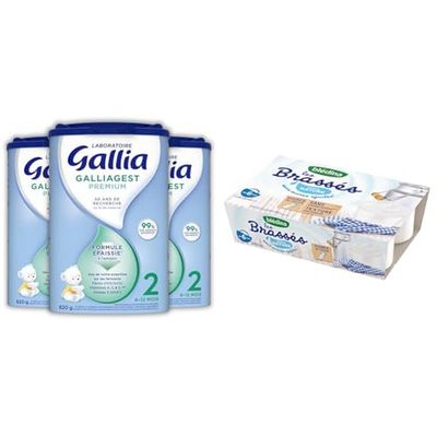Laboratoire Gallia - Galliagest Premium 2ème âge - Lait en Poudre pour Bébé - Pour Bébé de 6 à 12 mois - Lot de 3x820g + Blédina Les Brassés Nature sans sucre ajoutés dès 6 mois 6 x 95 g