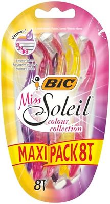 BIC Miss Soleil Colour Collection - 8 Rasoirs Jetables pour Femme à 3 Lames avec Bande Lubrifiante pour un Rasage Doux et Précis