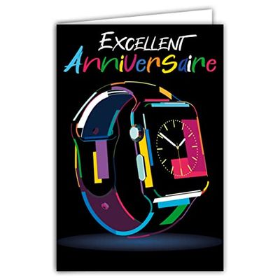 Afie Excellent Birthday Card Sports Smartwatch Fluorescent Colours Illustration with Envelope Format 12 x 17.5 cm 300 g Paper from sustainable forests. Made in France 69-8042