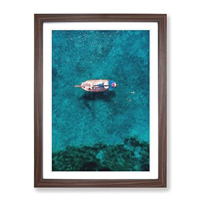 Boat And Swimmers In Cyprus Painting Modern Framed Wall Art Print, Ready to Hang Picture for Living Room Bedroom Home Office Décor, Walnut A3 (34 x 46 cm)