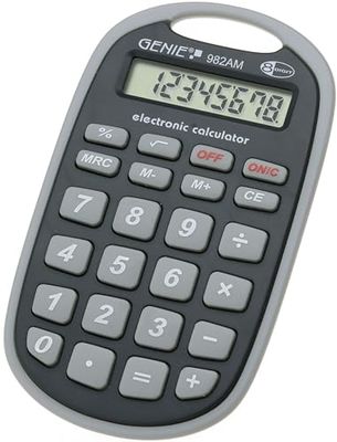 Genie 982 AM 8-cijferige rekenmachine (bevestigingsoog; batterij-power; robuust design) grijs