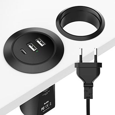 GeeRic 3-poorts desktop USB-oplader, 45 W desktop voedingsoog, 3 USB (1 USB C, 2 USB A) ronde stekkerdoos voor desktop inbouw met 6,4 voet verlengstuk, plat stopcontact, zwart