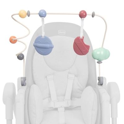Chicco Polly Armonia speelstang voor in de kinderstoel, accessoire voor in de kinderstoel, traint de coördinatie van baby, 0 m+ afneembare zachte bedeltjes, bijtring