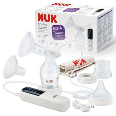 NUK mjuk och enkel elektrisk bröstpump | 100% silikon mjuka bröstvårtor | liten, lätt och tyst | laddningsbatteri. för resor | 24 mm och 27 mm bröstvårtor | 1 x Perfect Match-flaska