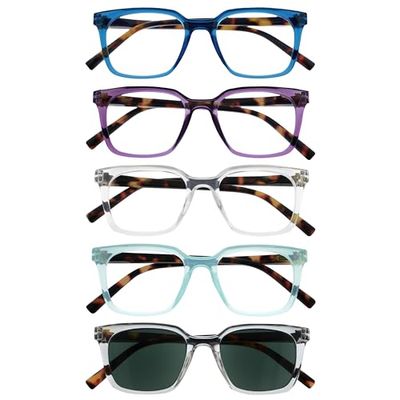 OPULIZE KOI Set di 5 Occhiali da Lettura con Lente da Sole - Rettangolare - Nero-Viola-Trasparente-Aqua - Unisex - Cerniere a Molla - RRRRS50-35CQC - +3.00