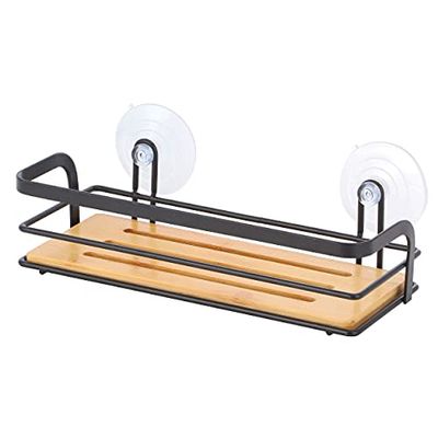 MSV Estantería de ducha para baño, sin agujeros, con ventosas, acero y bambú, 12 x 9 x 25,5 cm, color negro mate