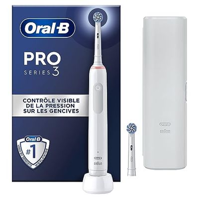 Oral-B Pro 3 3500 Brosse à Dents Électrique, 1 Étui De Voyage, 2 Brossettes, Éliminer Jusqu’à 100% de Plaque Dentaire, Blanc