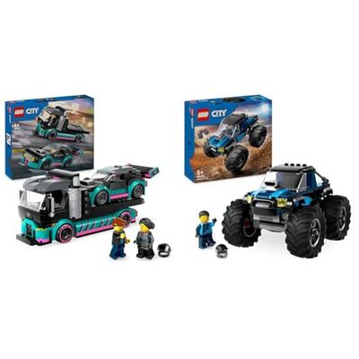 LEGO City Auto da Corsa e Trasportatore, Macchina e Camion Giocattolo per Bambini e Bambine & City Monster Truck Blu, Giocattolo Fuoristrada Off-Road da Costruire