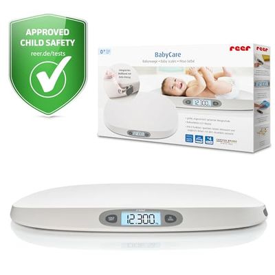 reer BabyCare Babyweegschaal, ergonomische weegschaal voor pasgeborenen/baby's, maximaal gewicht 25 kg, geïntegreerd meetlint, hold- en tarierfunctie, verlicht lcd-display, precisie van 5 g