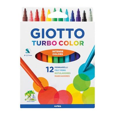 GIOTTO Turbocolor Felt Tip Fibre Pens, Fine Tip Nib 2.8mm, 12 Assorted Colours, Ideal for Children, Parties and Schools