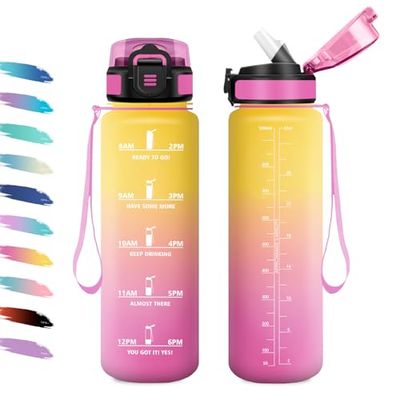 Borraccia Sportiva 1L, Borraccia con Cannuccia, a Prova di Perdite, Facile Pulizia, Bottiglia Acqua Motivazionale con Indicatore del Tempo, per Campeggio, Ciclismo, Scuola, Ufficio, Lavoro, Gym