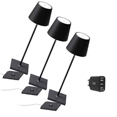 Zafferano - Set van drie 3x Poldina Pro draagbare lamp en 1 Aiino dubbele USB lader voor gelijktijdig opladen van lamp/smartphone, dimbare LED touch, IP54, contact laadstation, H38cm - Zwart