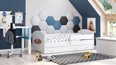 Dmora - Lit d'enfant Lodz, Couchette pour Chambre d'enfant, Ensemble de Chambre, Support de Matelas, 77x144 h56 cm, Blanc avec Voiture