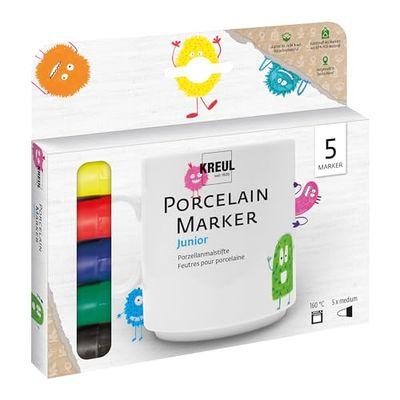 Kreul 16300 - Vernice per Porcellana Hobby Line, con Punta a Pennello Set di 5, nei Colori Giallo, Rosso, Blu, Verde e Nero, per dipingere Porcellana, Ceramica, Metallo, Vetro